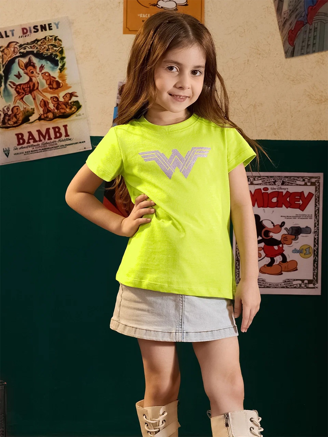 

The Souled Store Girls Wonder Woman Printed Pure Cotton T-shirt, Lime green
