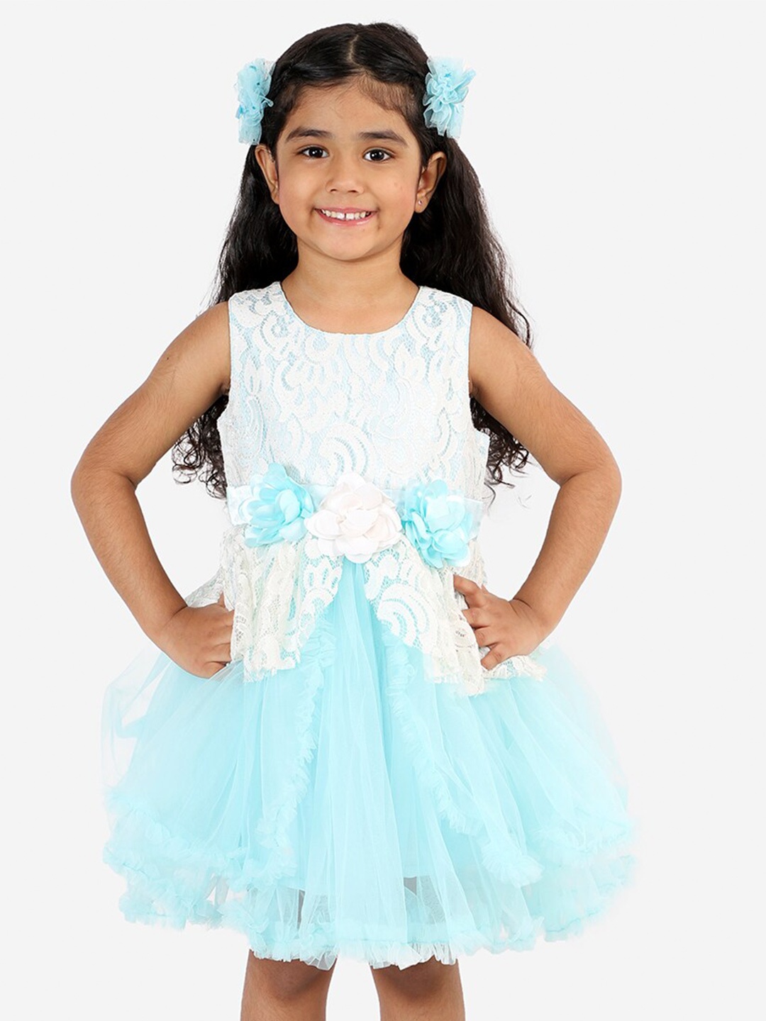 

LIL DRAMA Girls Self Design Lace Dress, Blue