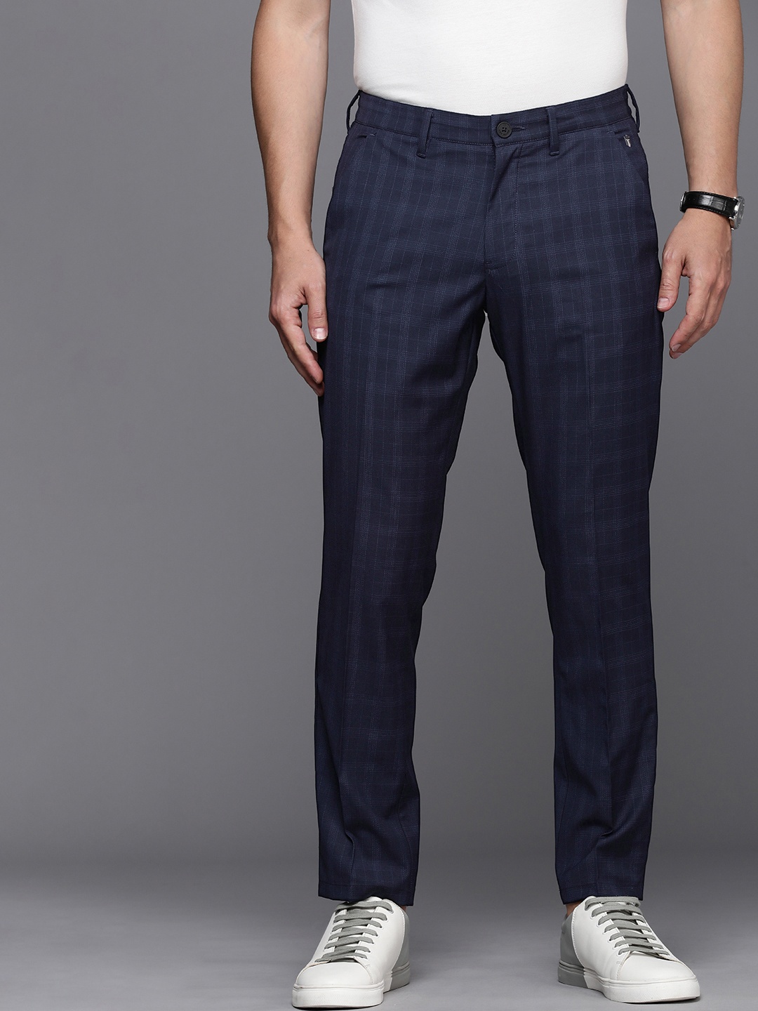 

Louis Philippe Ath Work Men Navy Blue Checked Comfort Tapered Fit Trousers