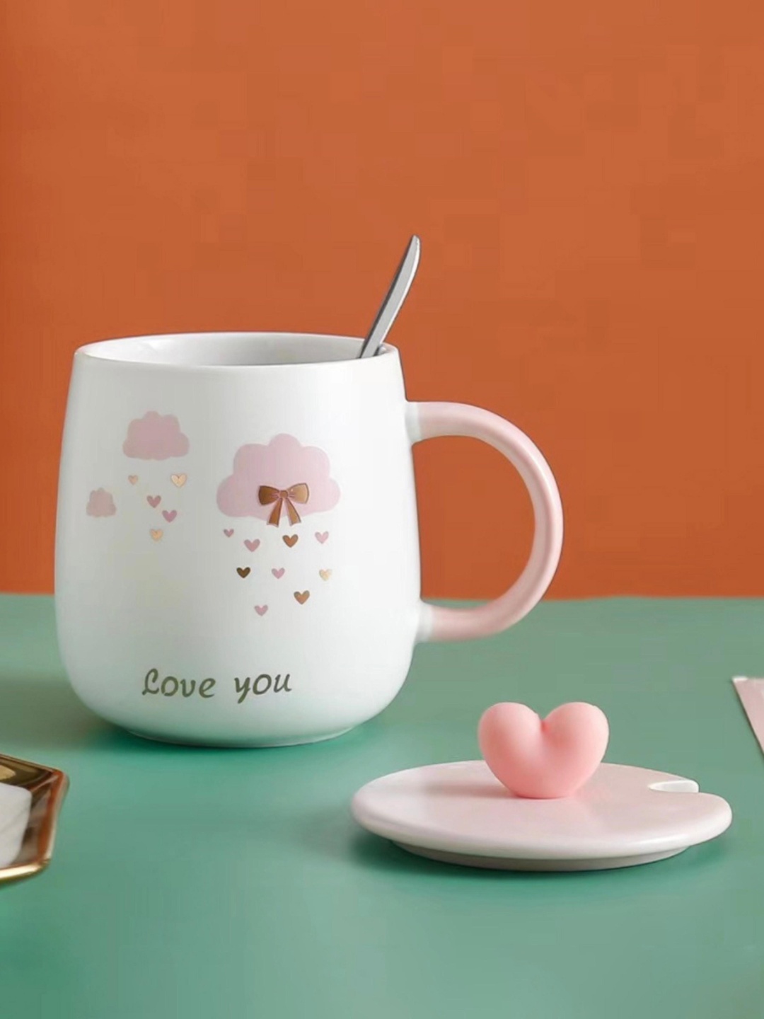 

Nestasia White & Pink Printed Ceramic Matte Mug with Lid & Spoon 400 ml
