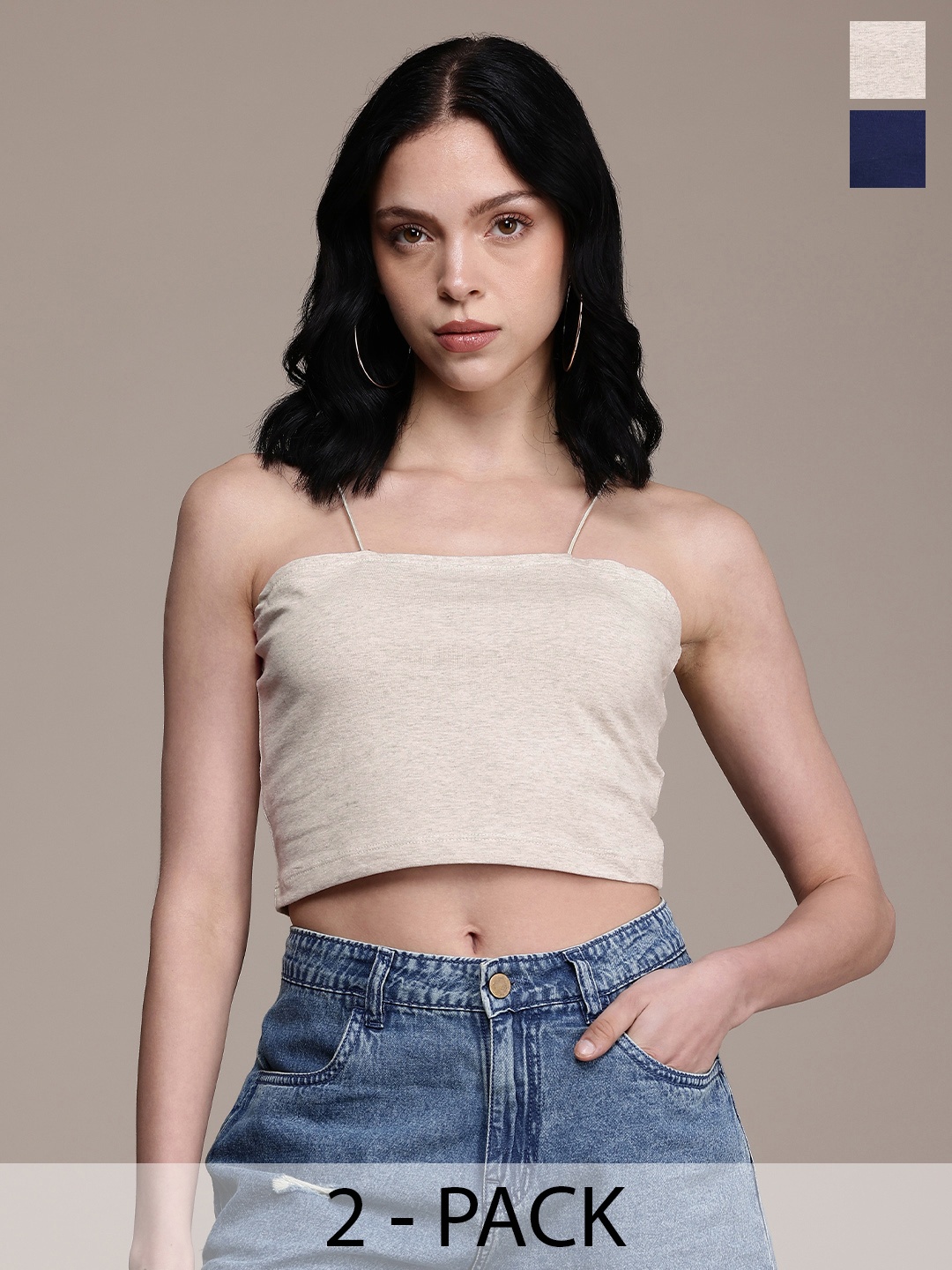

The Roadster Life Co. Pack Of 2 Fitted Crop Cami Top, Grey melange