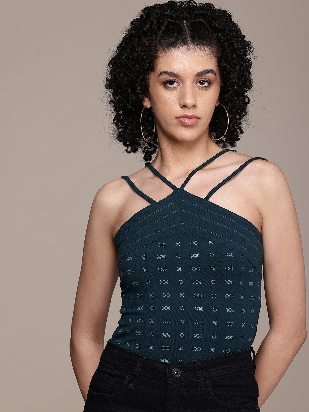 

The Roadster Life Co. Shoulder Straps Geometric Printed Top, Navy blue