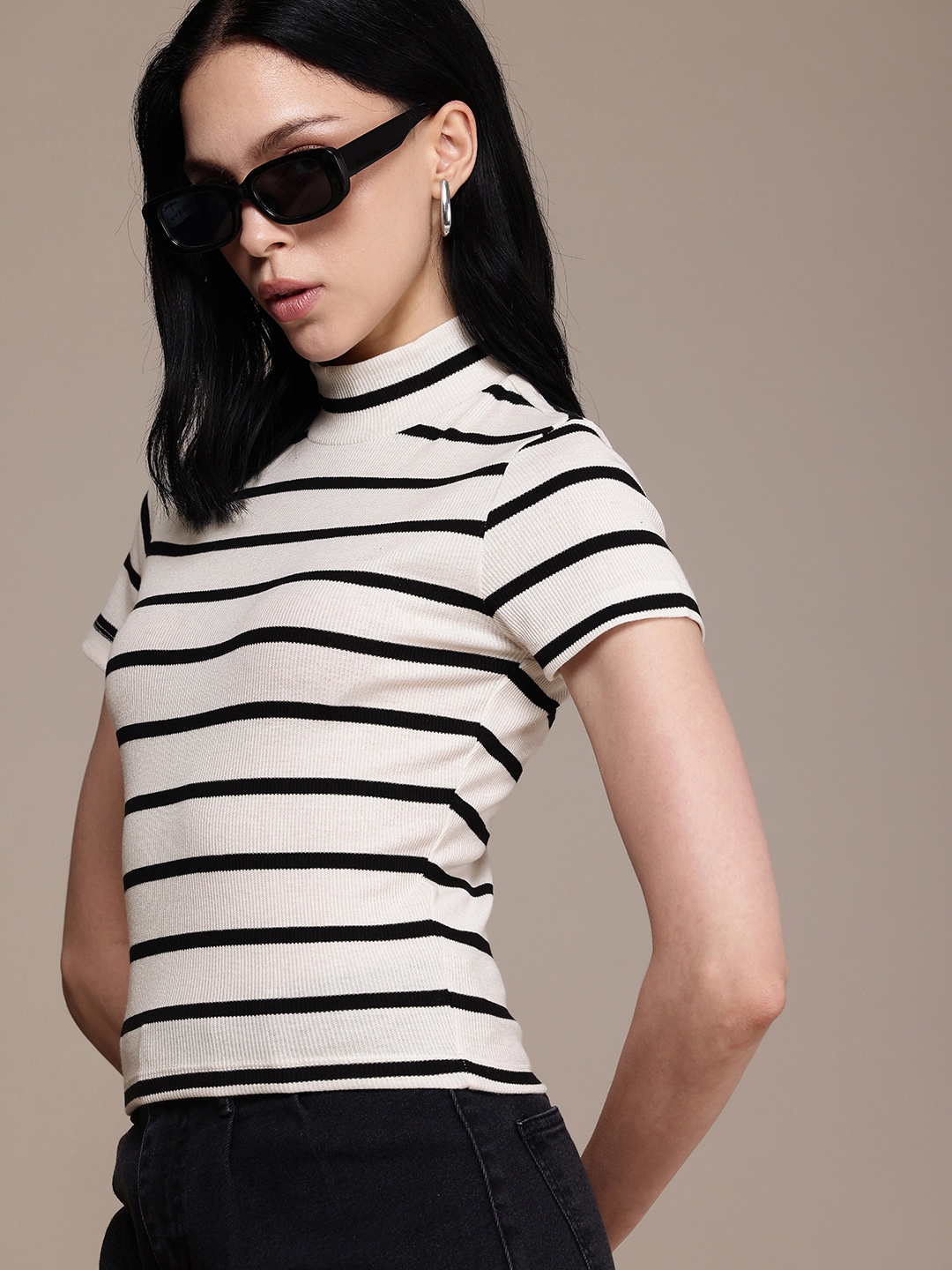 

The Roadster Life Co. Ribbed Striped High Neck Slim Fit T-shirt, White