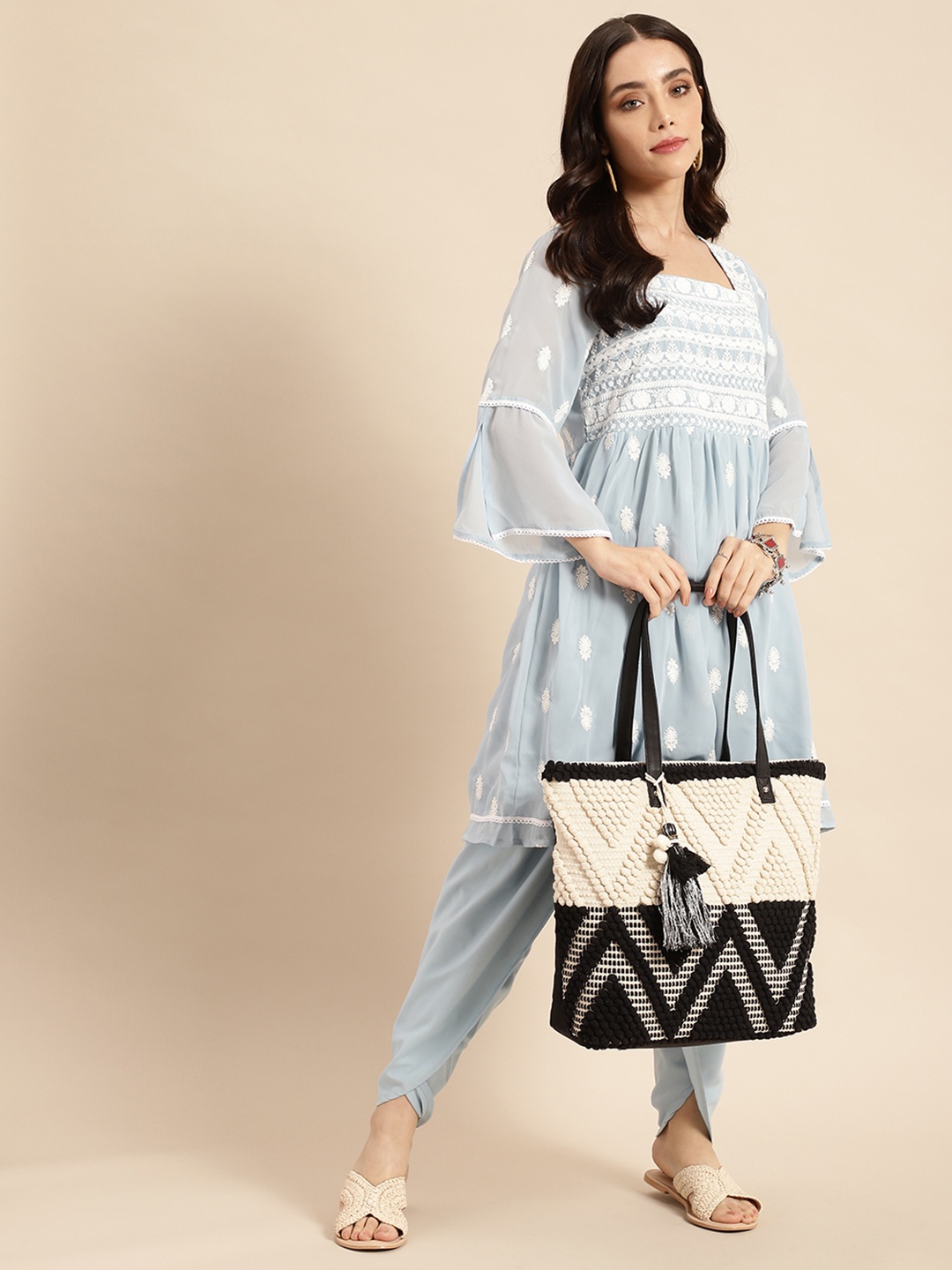 

Anouk Geometric Design Structured Shoulder Bag with Tasselled Detail, Black
