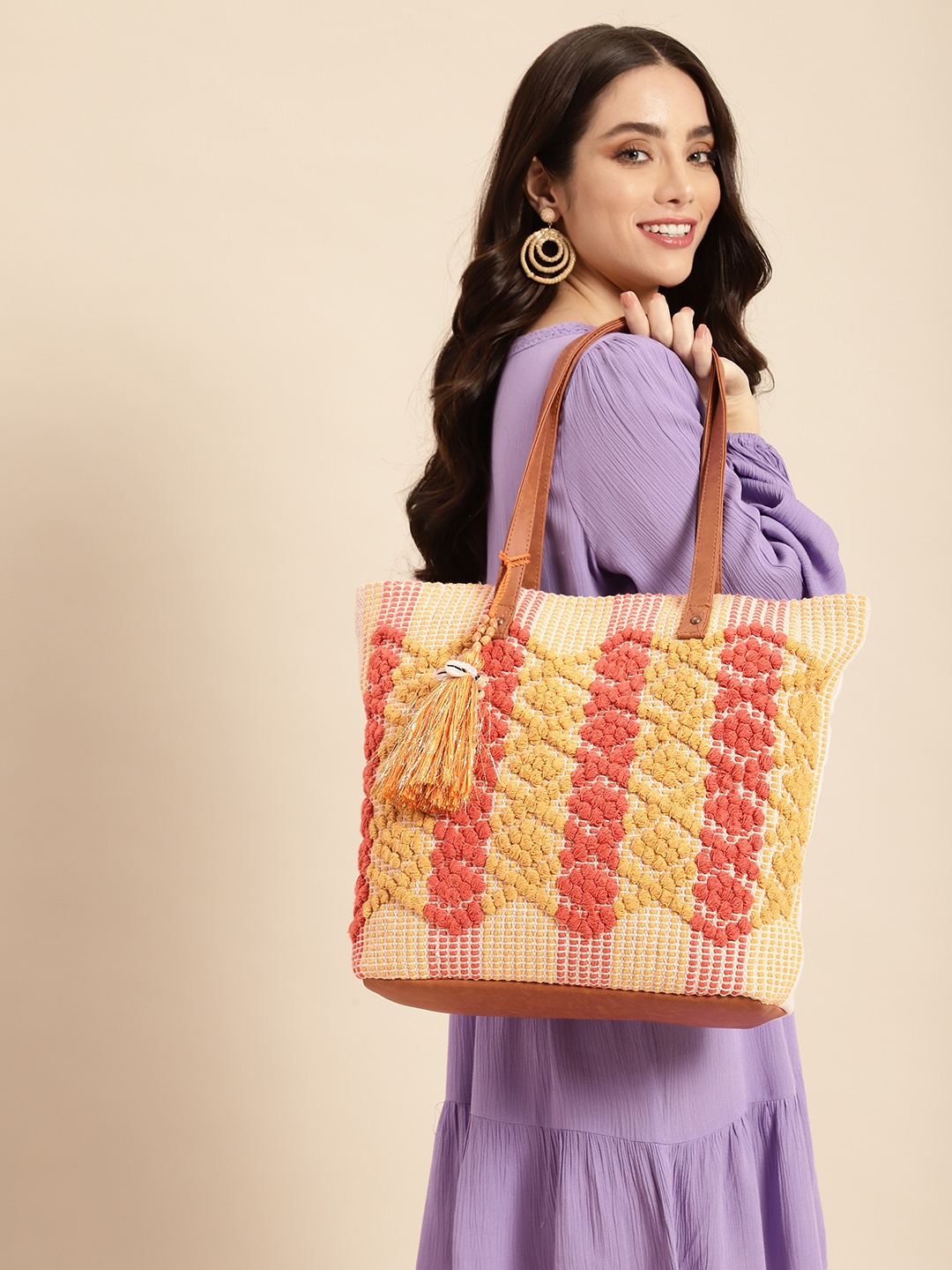 

Anouk Geometric Embroidered Oversized Structured Shoulder Bag With Tasselled Detail, Mustard