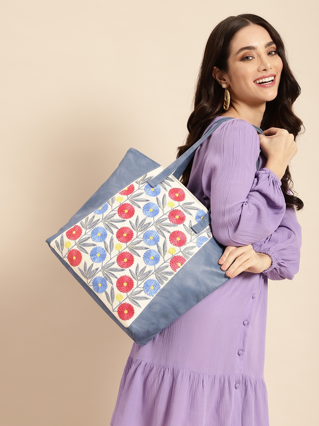

Anouk Floral Embroidered Oversized Structured Shoulder Bag, Blue