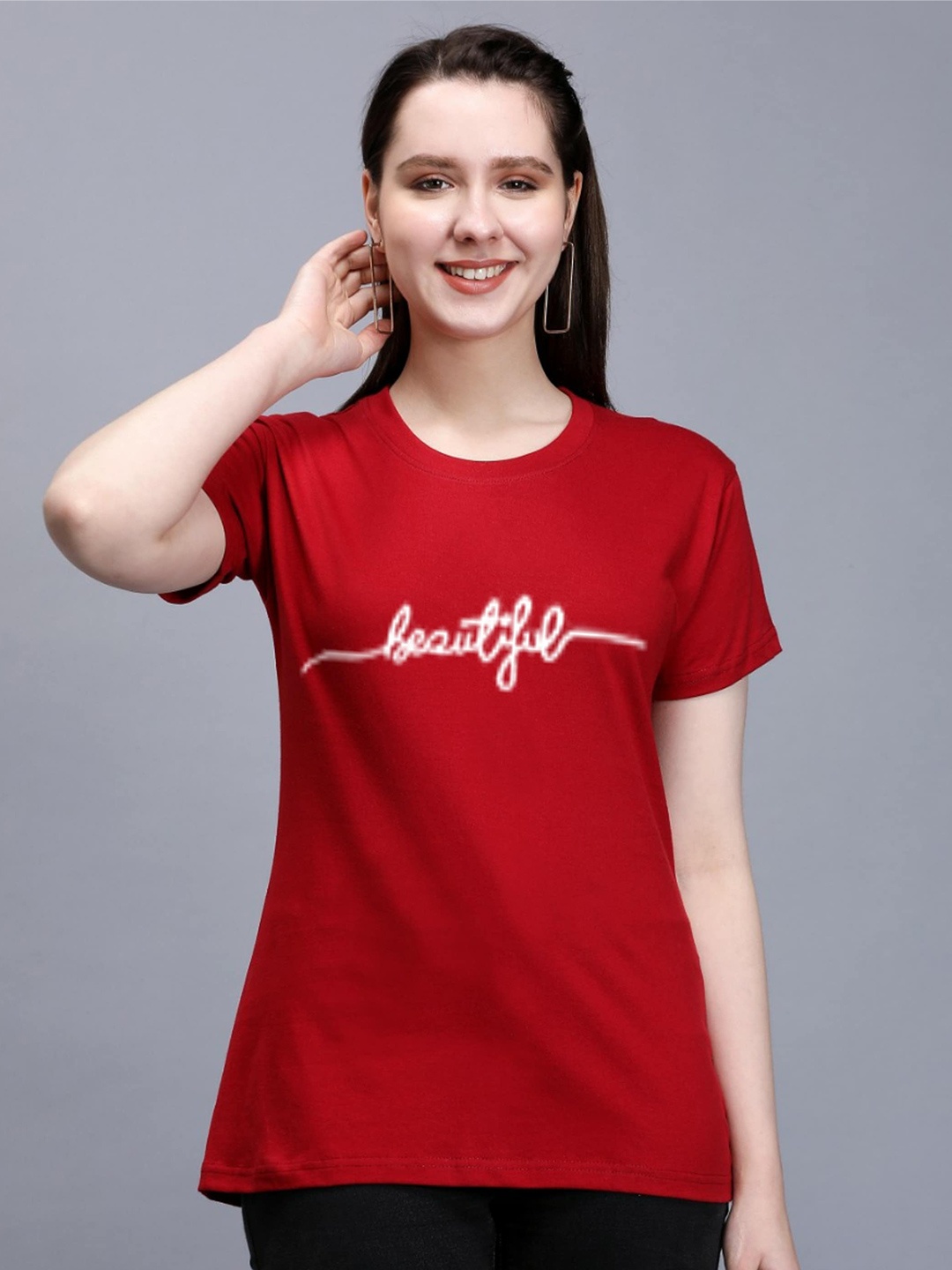 

TRENDY RABBIT Typography Printed Cotton T-shirt, Red