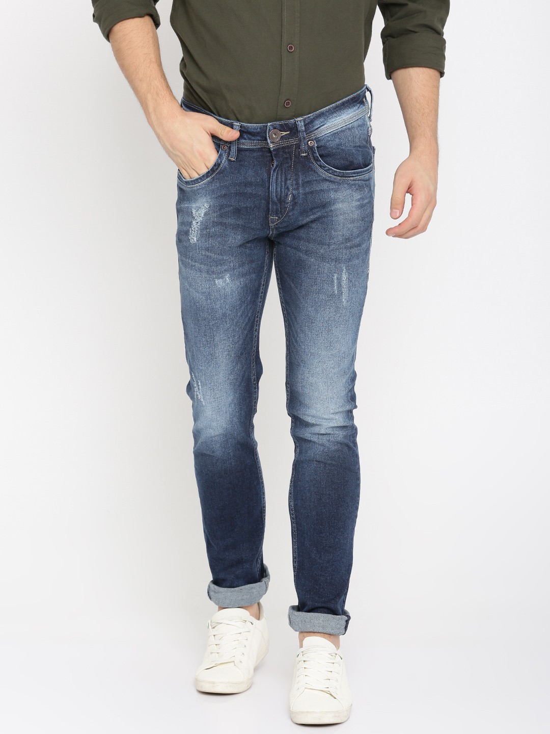 

Flying Machine Men Blue Skinny Fit Mid-Rise Low Distress Stretchable Jeans