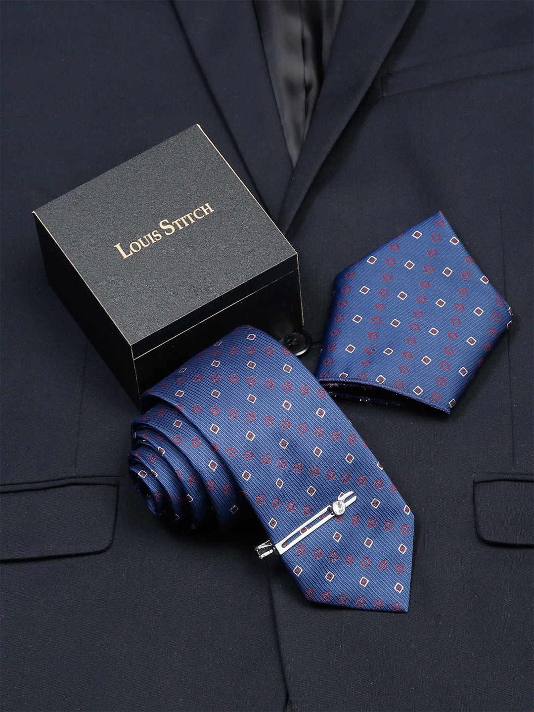 

LOUIS STITCH Men's Royal Blue Italian Silk Necktie Accessory Gift Set, Navy blue