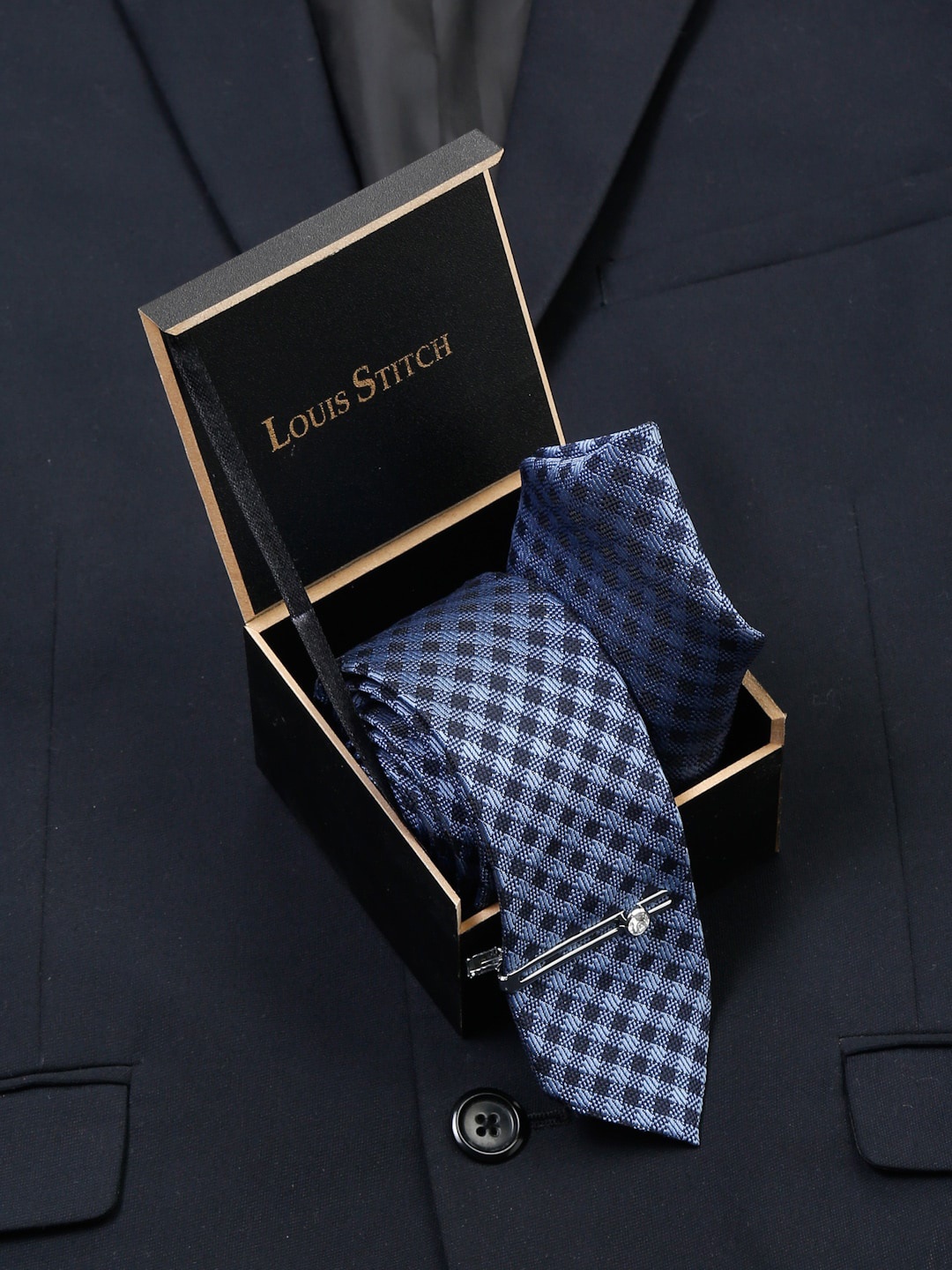 

LOUIS STITCH Men's Royal Blue Italian Silk Necktie Accessory Gift Set