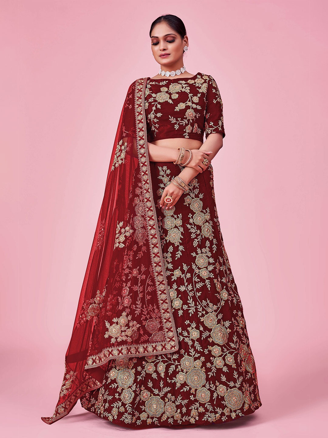 

Fusionic Thread Work Semi-Stitched Lehenga & Unstitched Blouse With Dupatta, Maroon