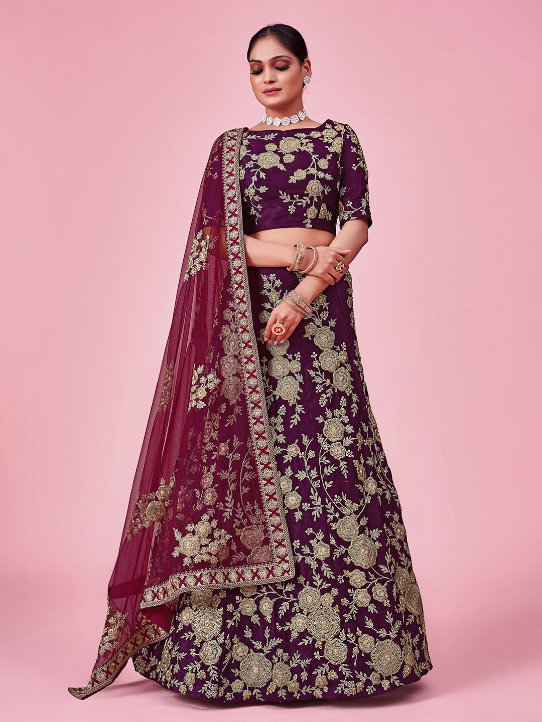 

Fusionic Thread Work Semi-Stitched Lehenga & Unstitched Blouse With Dupatta, Burgundy