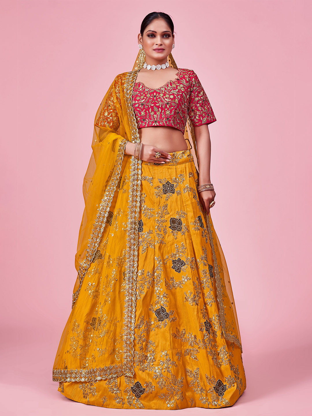 

Fusionic Thread Work Semi-Stitched Lehenga & Unstitched Blouse With Dupatta, Mustard