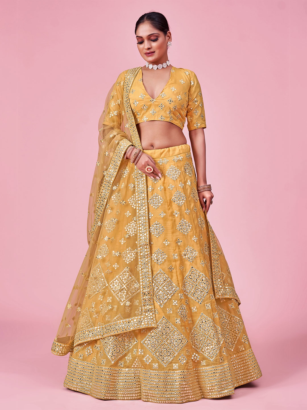 

Fusionic Embroidered Thread Work Semi-Stitched Lehenga & Unstitched Blouse With Dupatta, Mustard