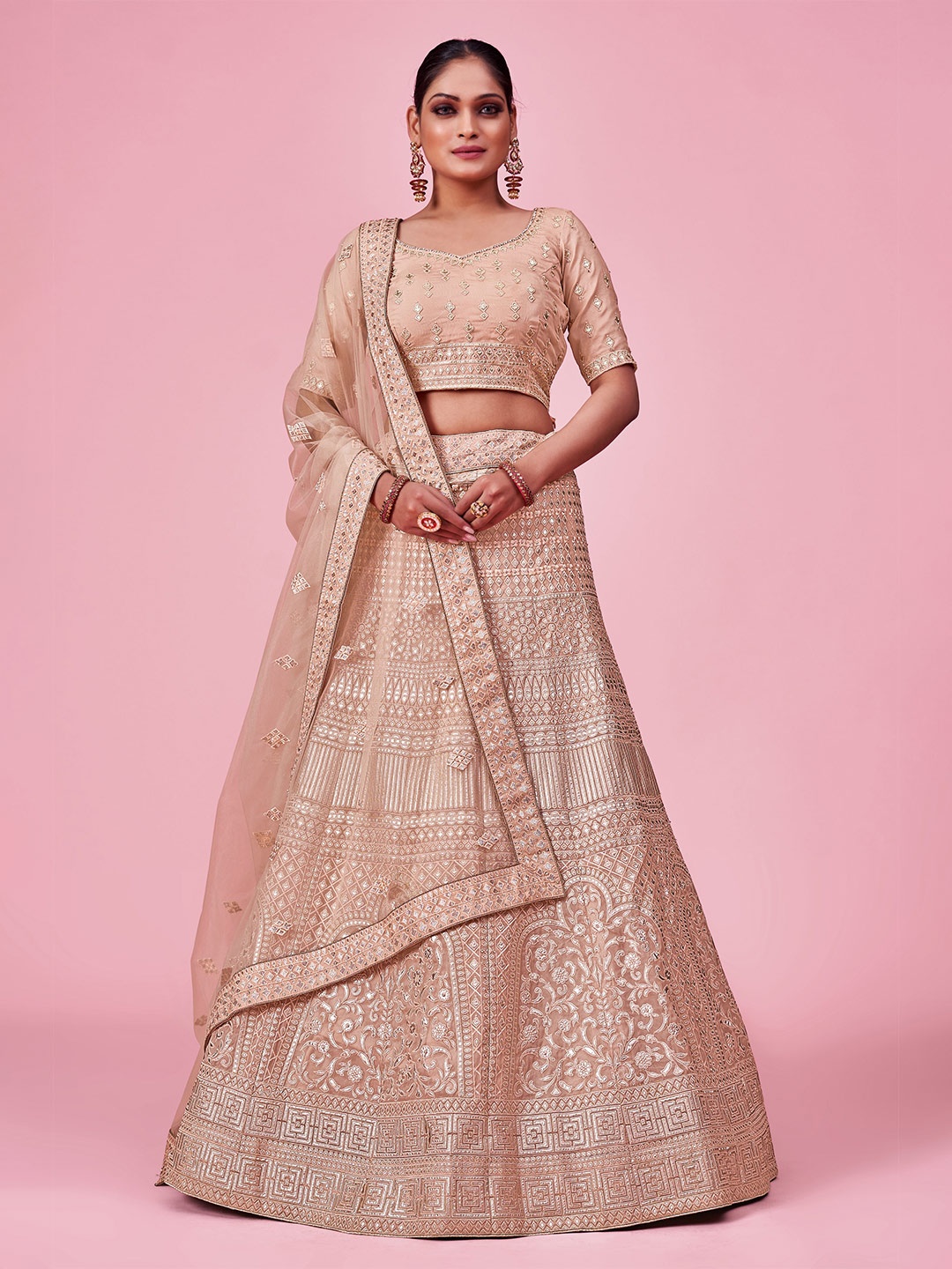 

Fusionic Peach-Coloured Embroidered Semi-Stitched Lehenga & Unstitched Blouse With Dupatta