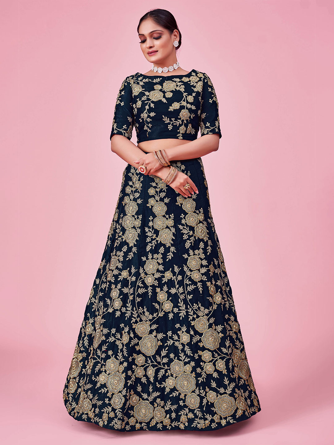 

Fusionic Thread Work Semi-Stitched Lehenga & Unstitched Blouse With Dupatta, Navy blue