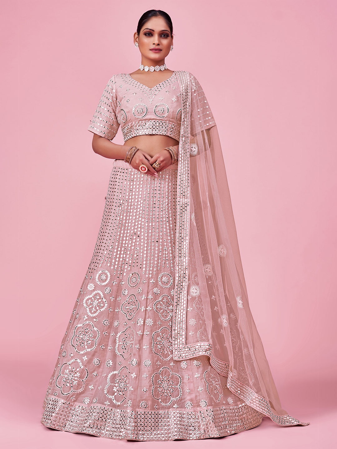 

Fusionic Embroidered Semi-Stitched Lehenga & Unstitched Blouse With Dupatta, Pink