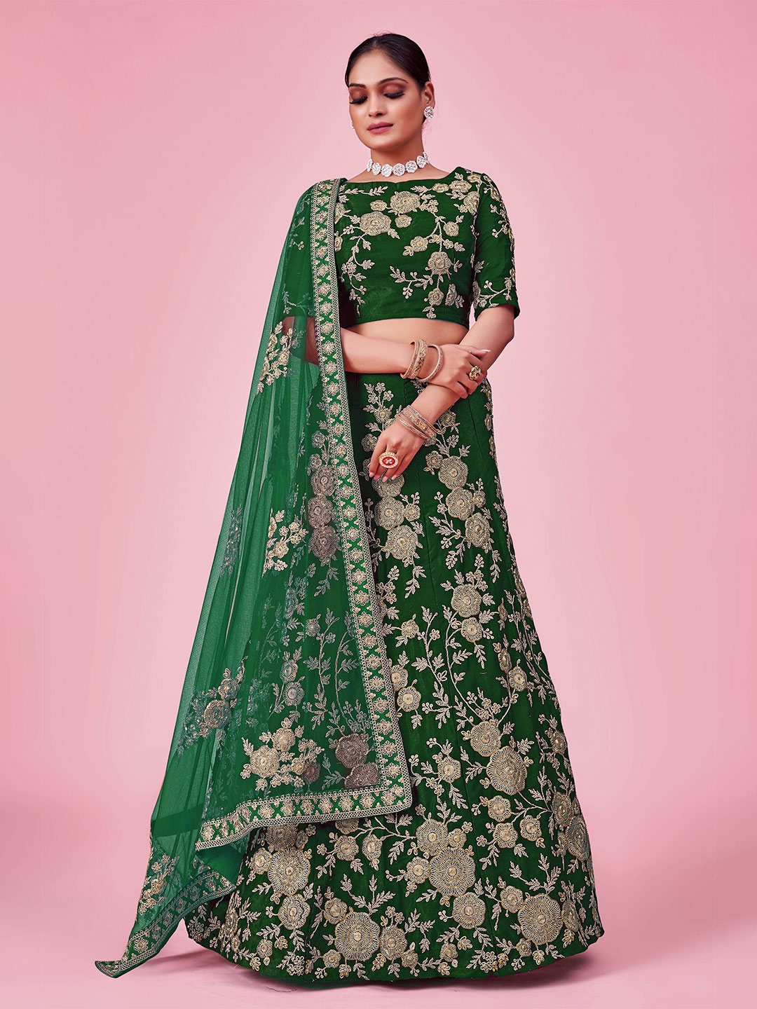 

Fusionic Embroidered Thread Work Semi-Stitched Lehenga & Unstitched Blouse With Dupatta, Green