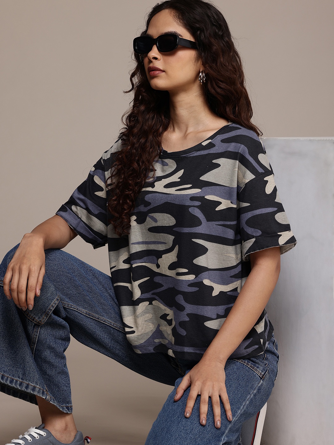 

The Roadster Life Co. Camouflage Printed Drop-Shoulder Sleeves Pure Cotton Boxy T-shirt, Multi