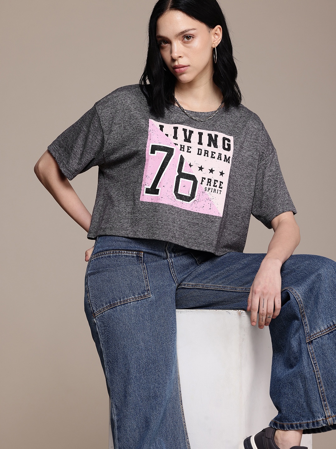 

The Roadster Life Co. Printed Drop-Shoulder Sleeves Boxy T-shirt, Grey melange