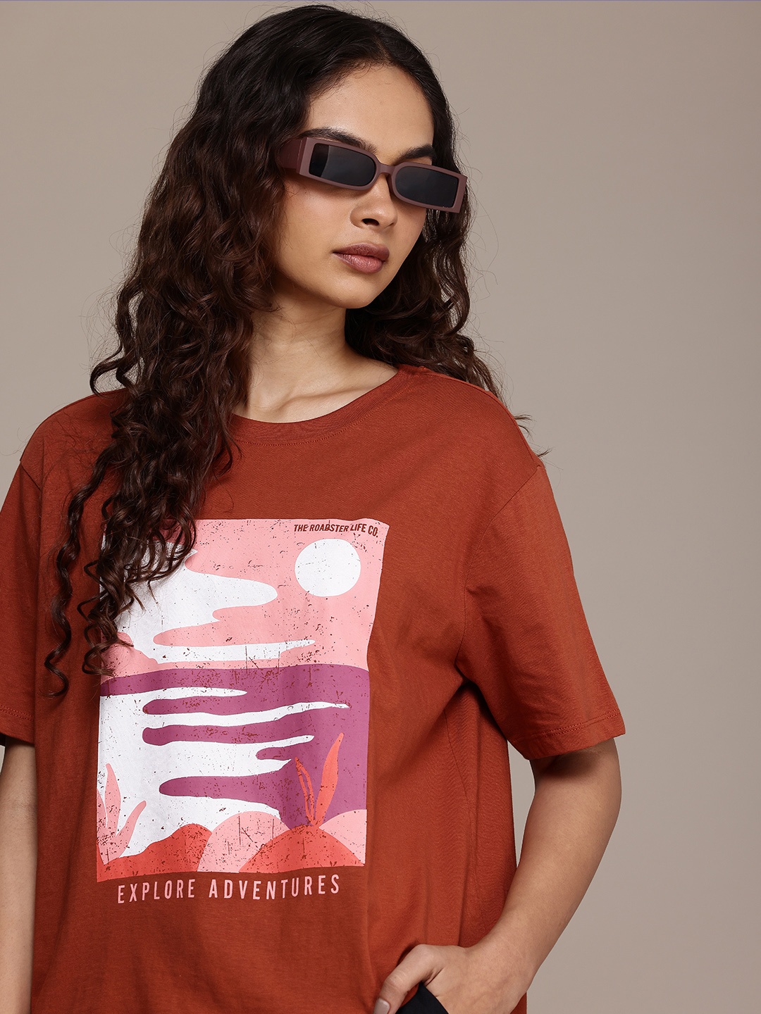 

The Roadster Life Co. Printed Drop-Shoulder Sleeves Pure Cotton T-shirt, Brown
