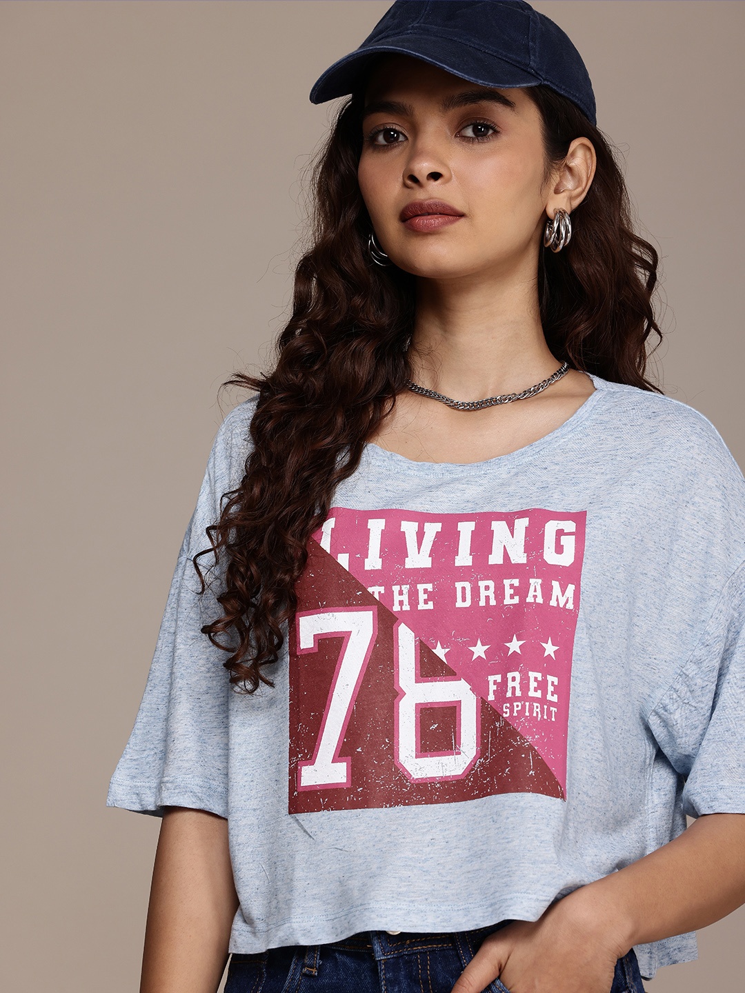 

The Roadster Life Co. Cotton Linen Printed Drop-Shoulder Sleeves Boxy T-shirt, Blue