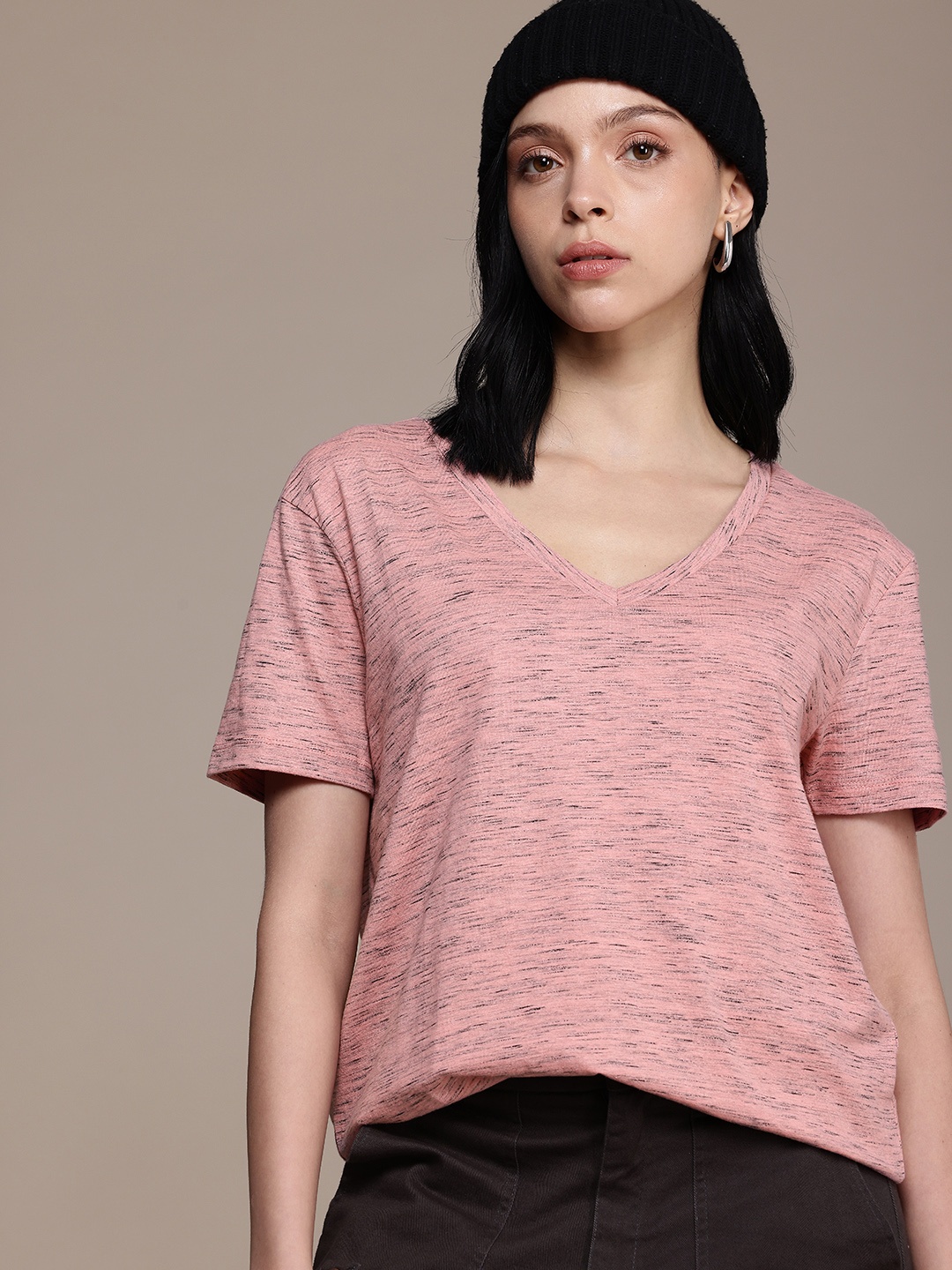 

The Roadster Life Co. V-Neck Relaxed Fit Drop-Shoulder Sleeves T-shirt, Pink