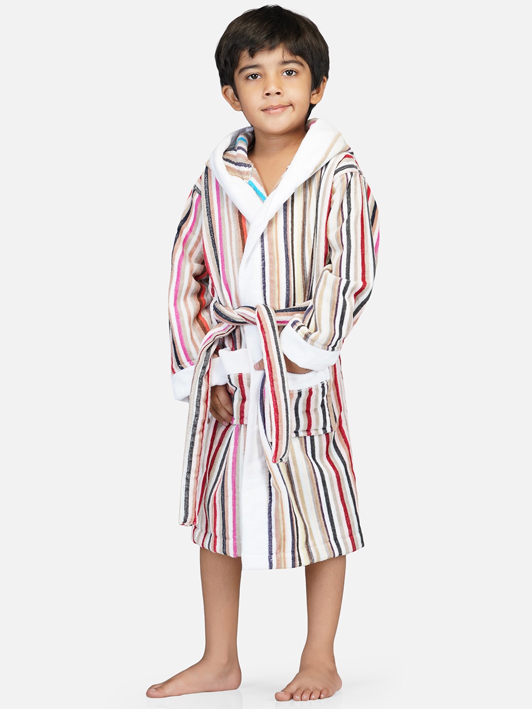 

RANGOLI Kids Striped 400 GSM Pure Cotton Bath Robe With Belt, Pink