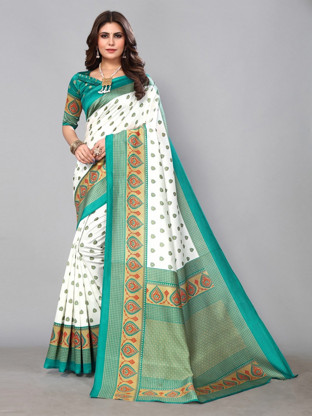 

KALINI Ethnic Motifs Printed Mysore Silk Saree, Teal