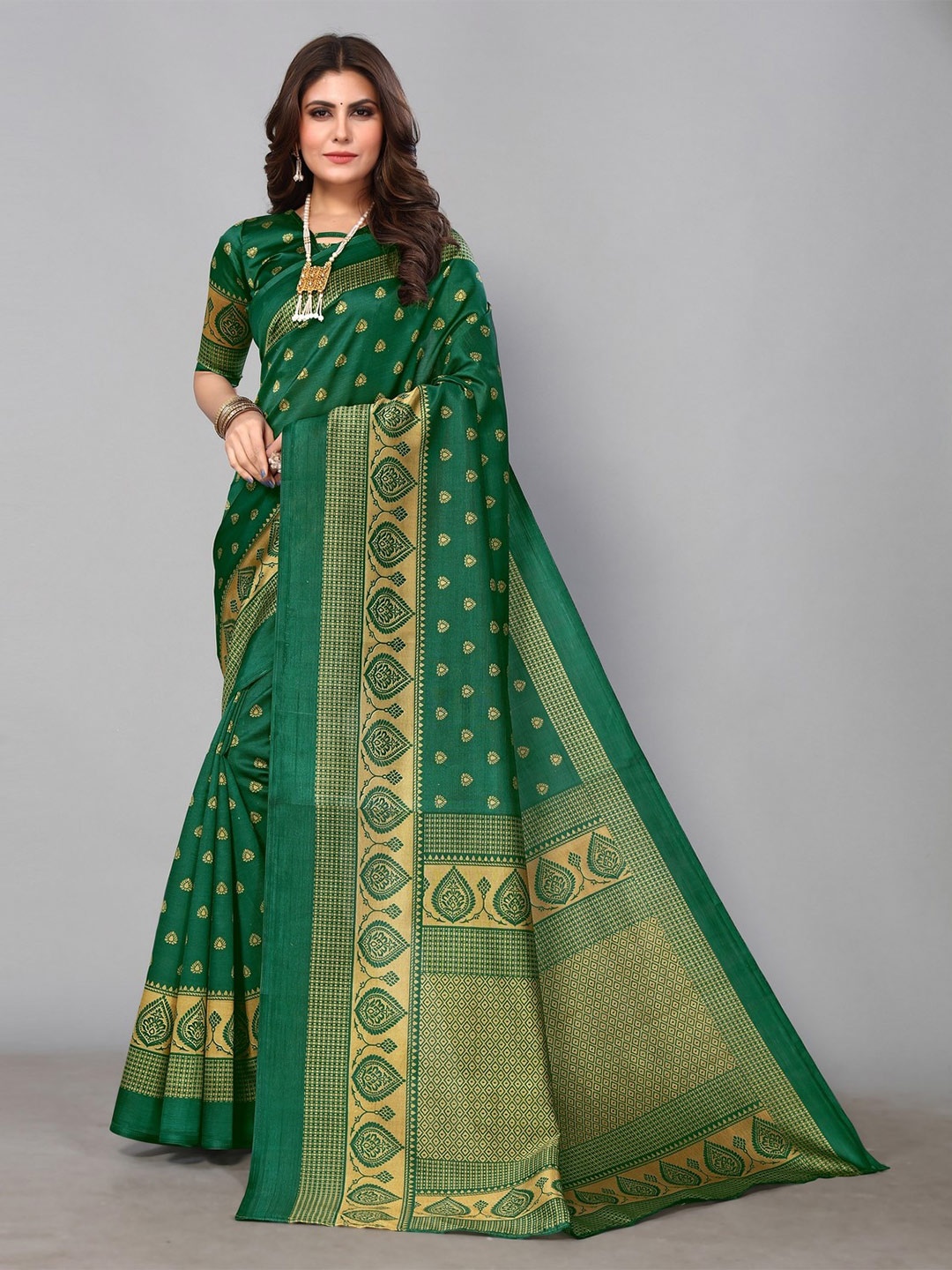 

KALINI Ethnic Motifs Printed Mysore Silk Saree, Green