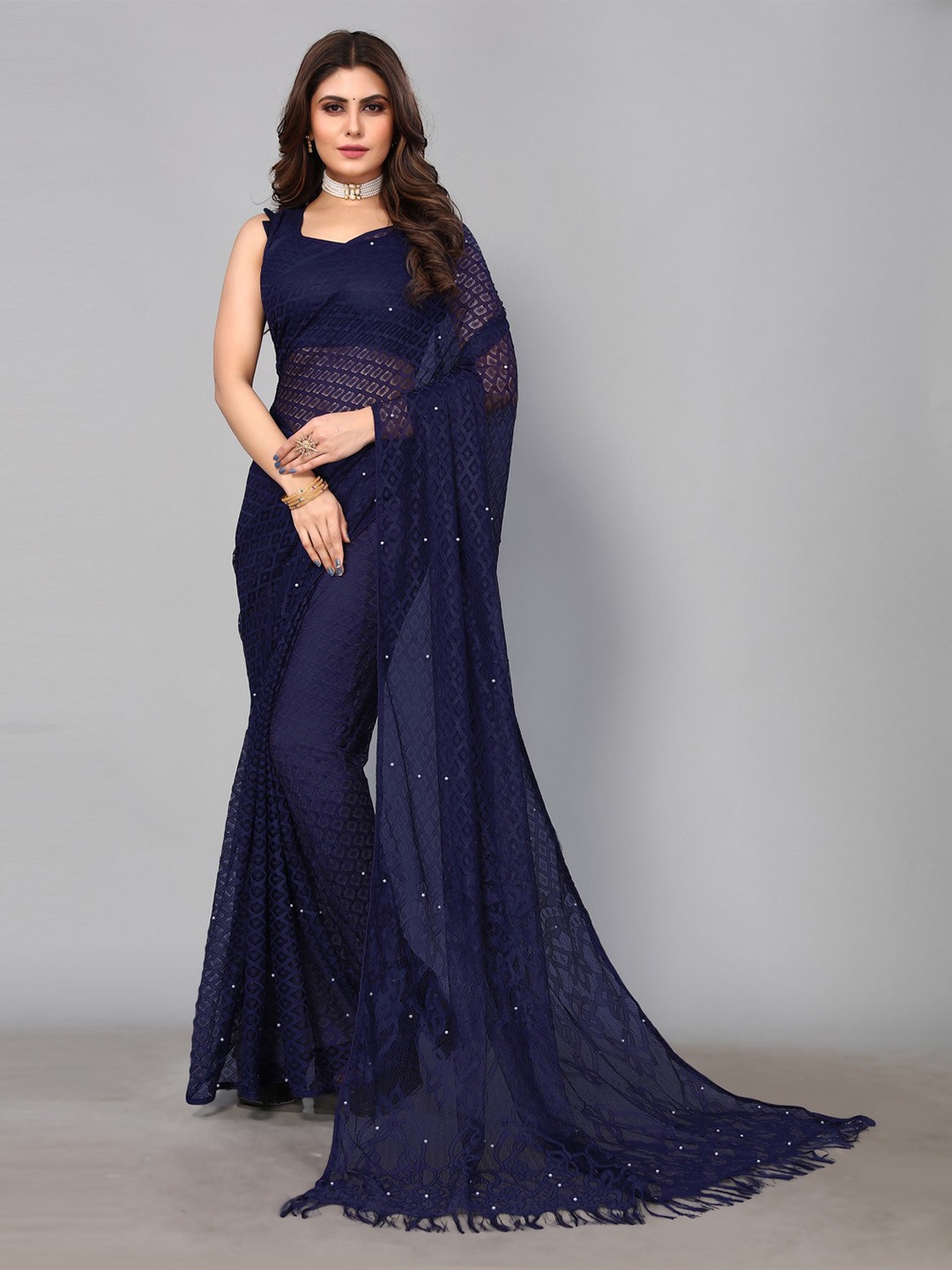 

KALINI Woven Design Brasso Saree, Navy blue