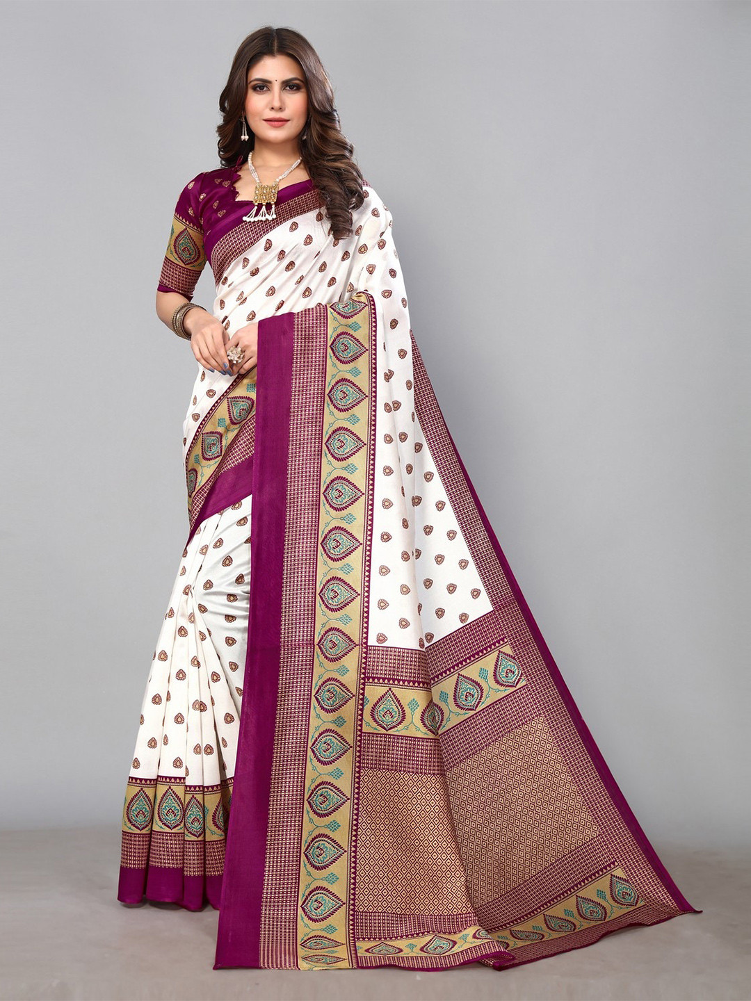 

KALINI Ethnic Motif Printed Zari Mysore Silk Saree, Purple