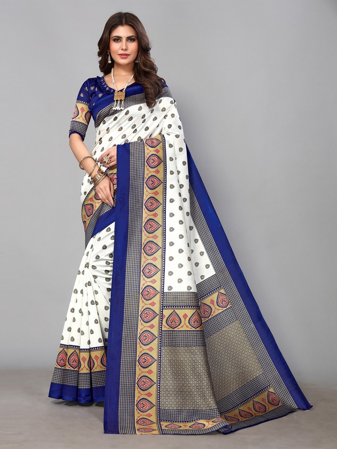 

KALINI Ethnic Motif Printed Zari Mysore Silk Saree, White