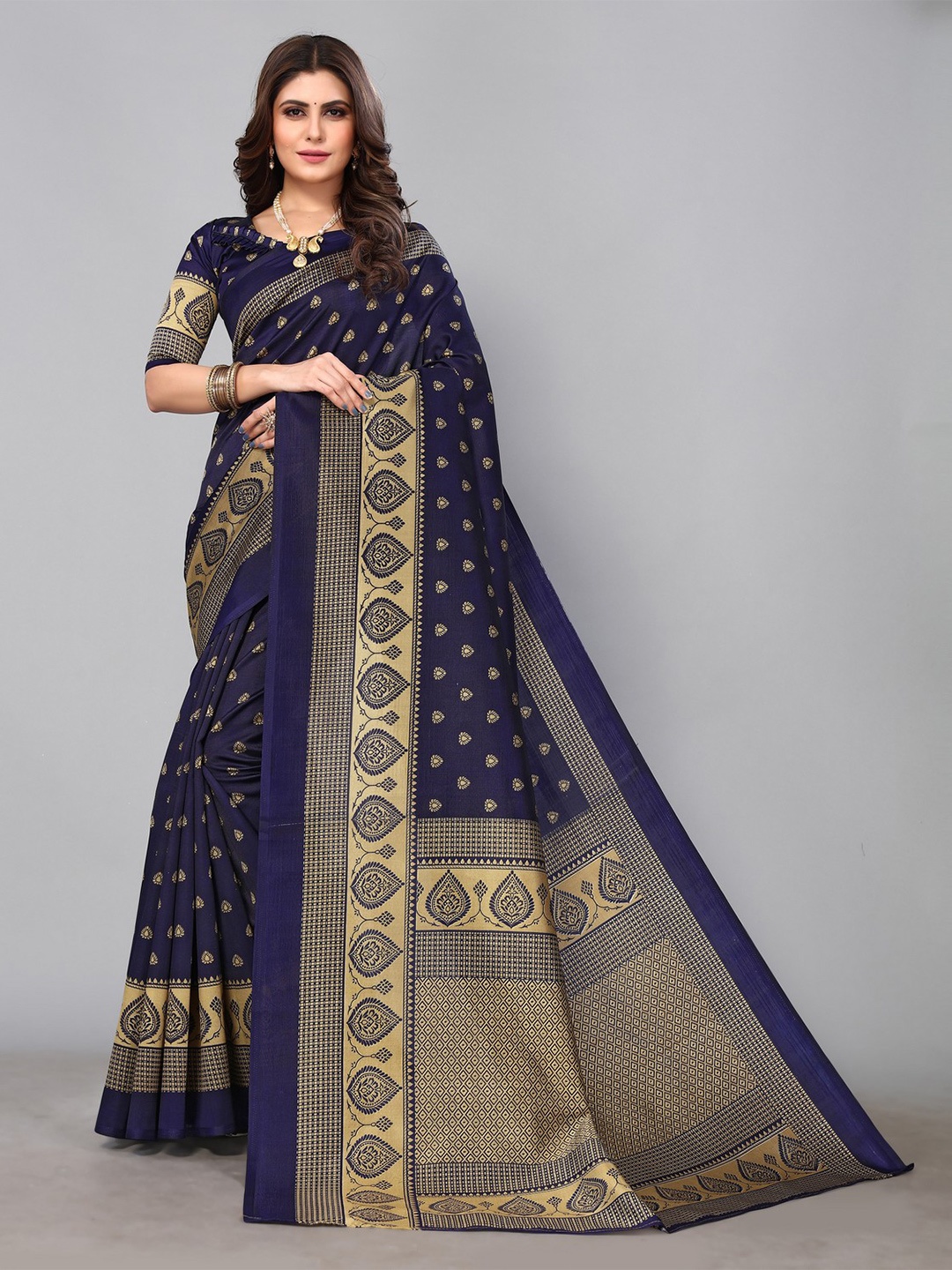

KALINI Ethnic Motif Printed Zari Mysore Silk Saree, Navy blue