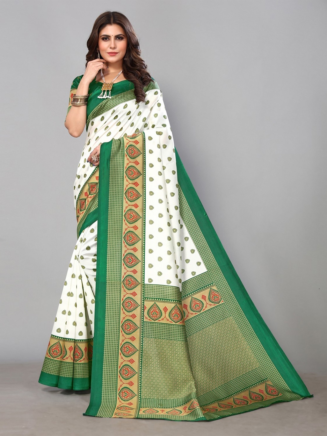 

KALINI Ethnic Motifs Printed Mysore Silk Saree, Green