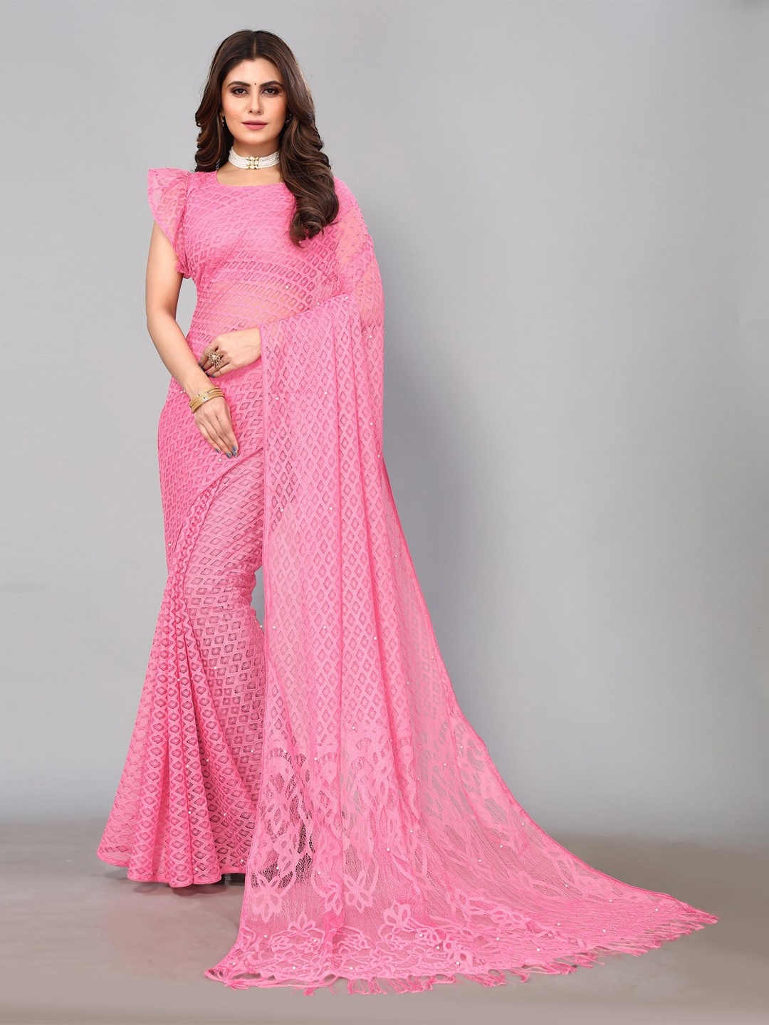 

KALINI Geometric Woven Design Net Brasso Saree, Pink