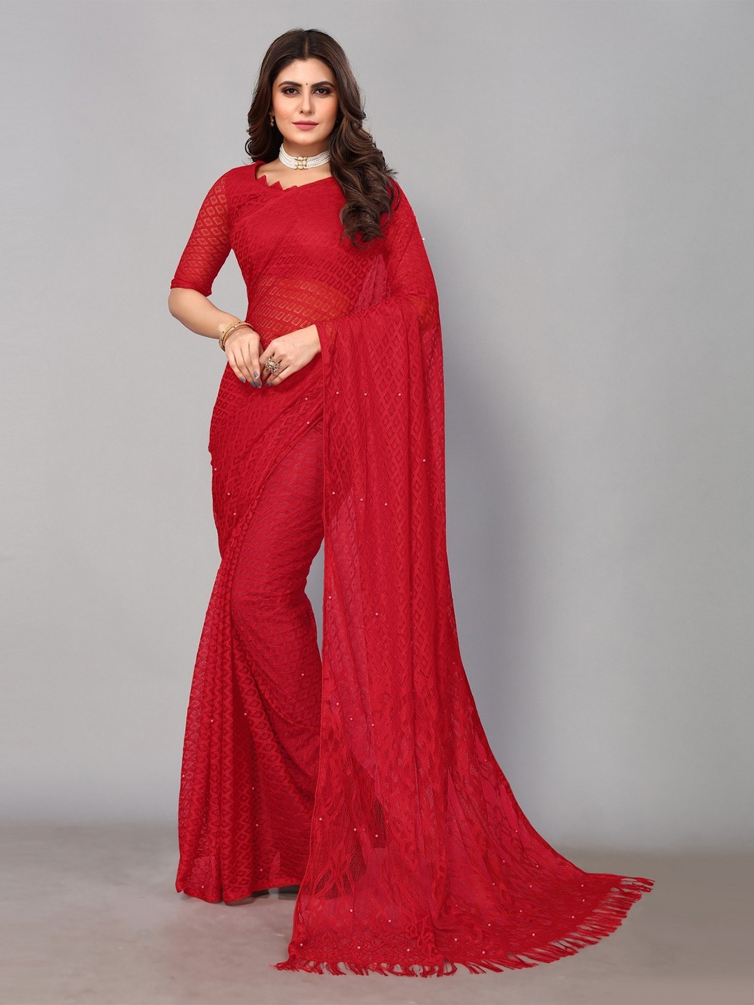 

KALINI Geometric Woven Design Net Brasso Saree, Red