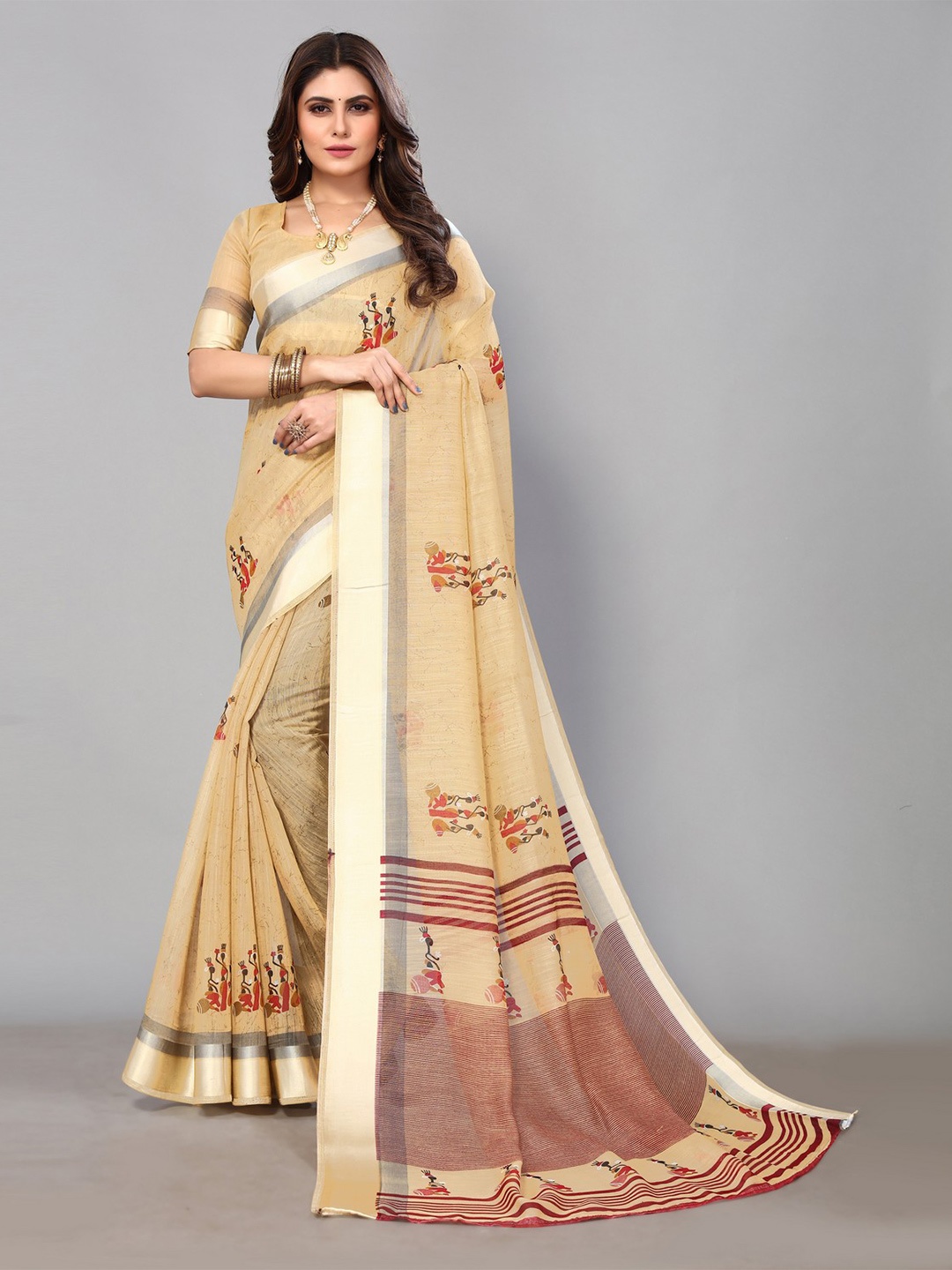 

KALINI Ethnic Motifs Printed Saree, Cream