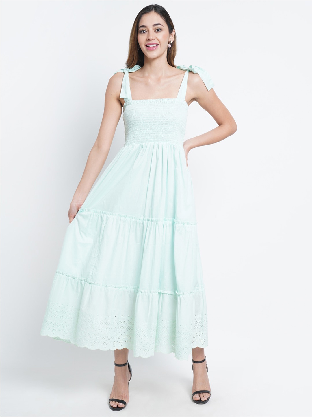 

Purple State Smocked Tiered Midi Cotton A-Line Dress, Sea green