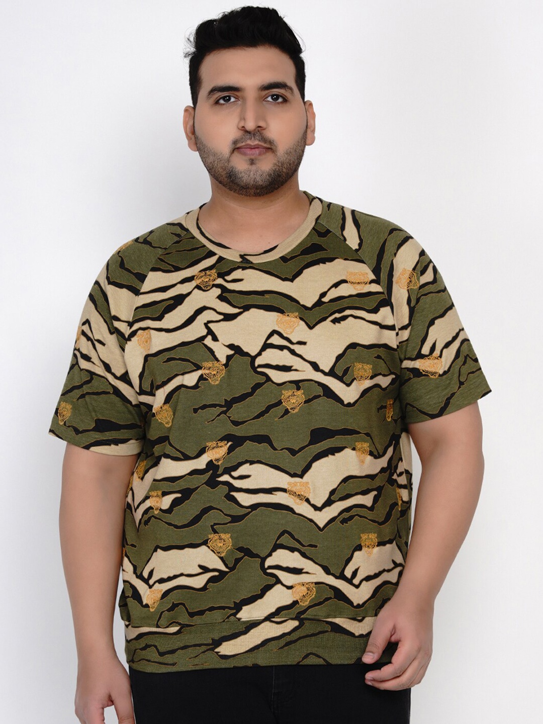 

Santonio Plus Size Raglan Sleeves Camouflage Printed Tiger Motif Cotton T-shirt, Green