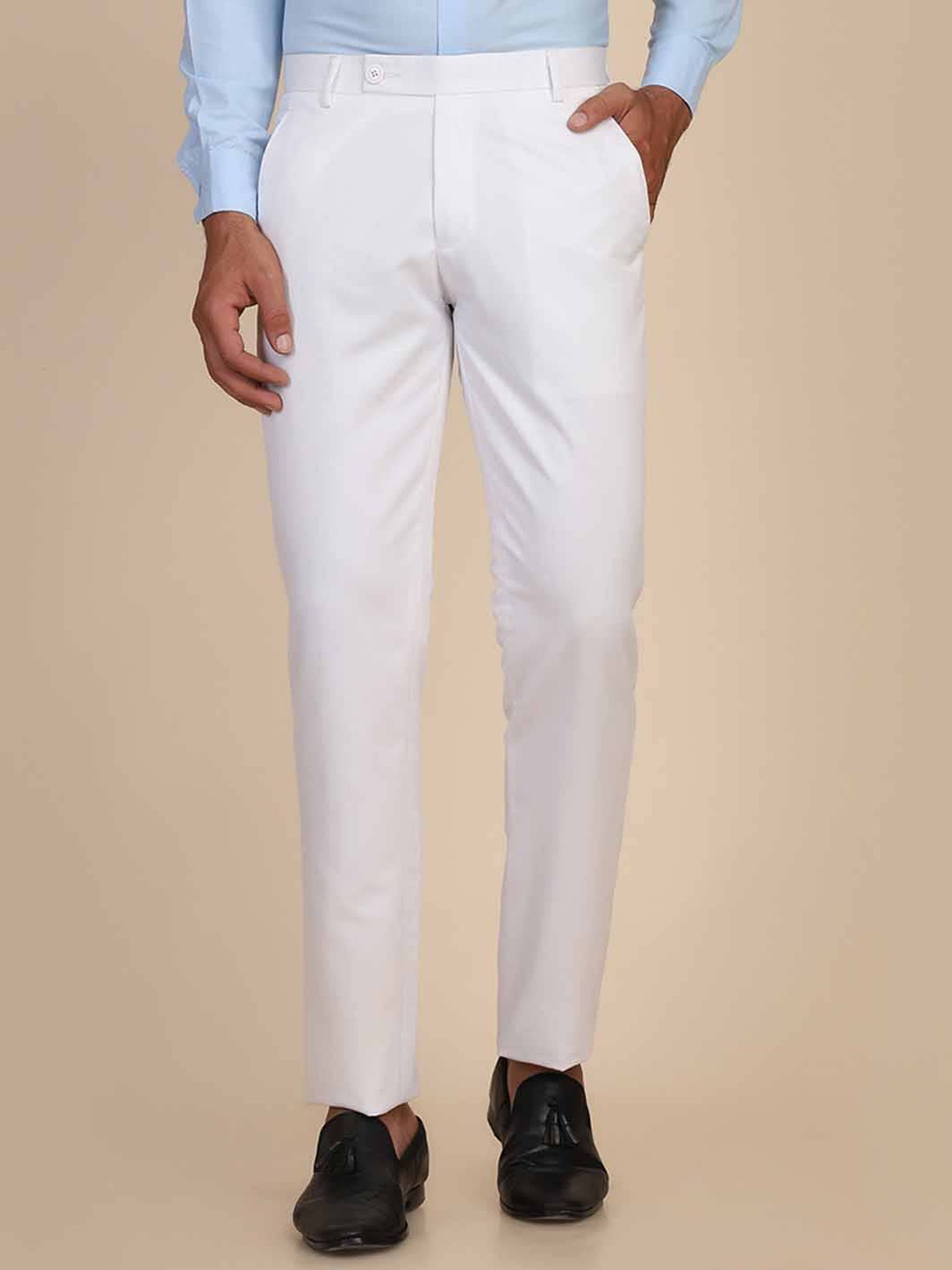 

TAHVO Men Slim Fit Low-Rise Stain Resistant Trousers, White