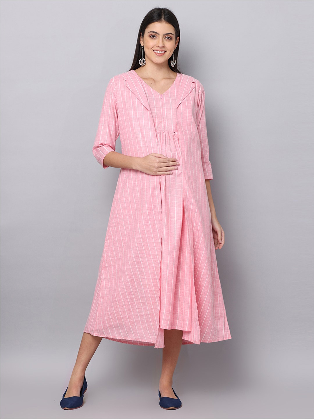 

The Mom Store Striped A-Line Midi Maternity And Nursing Shacket Set, Pink