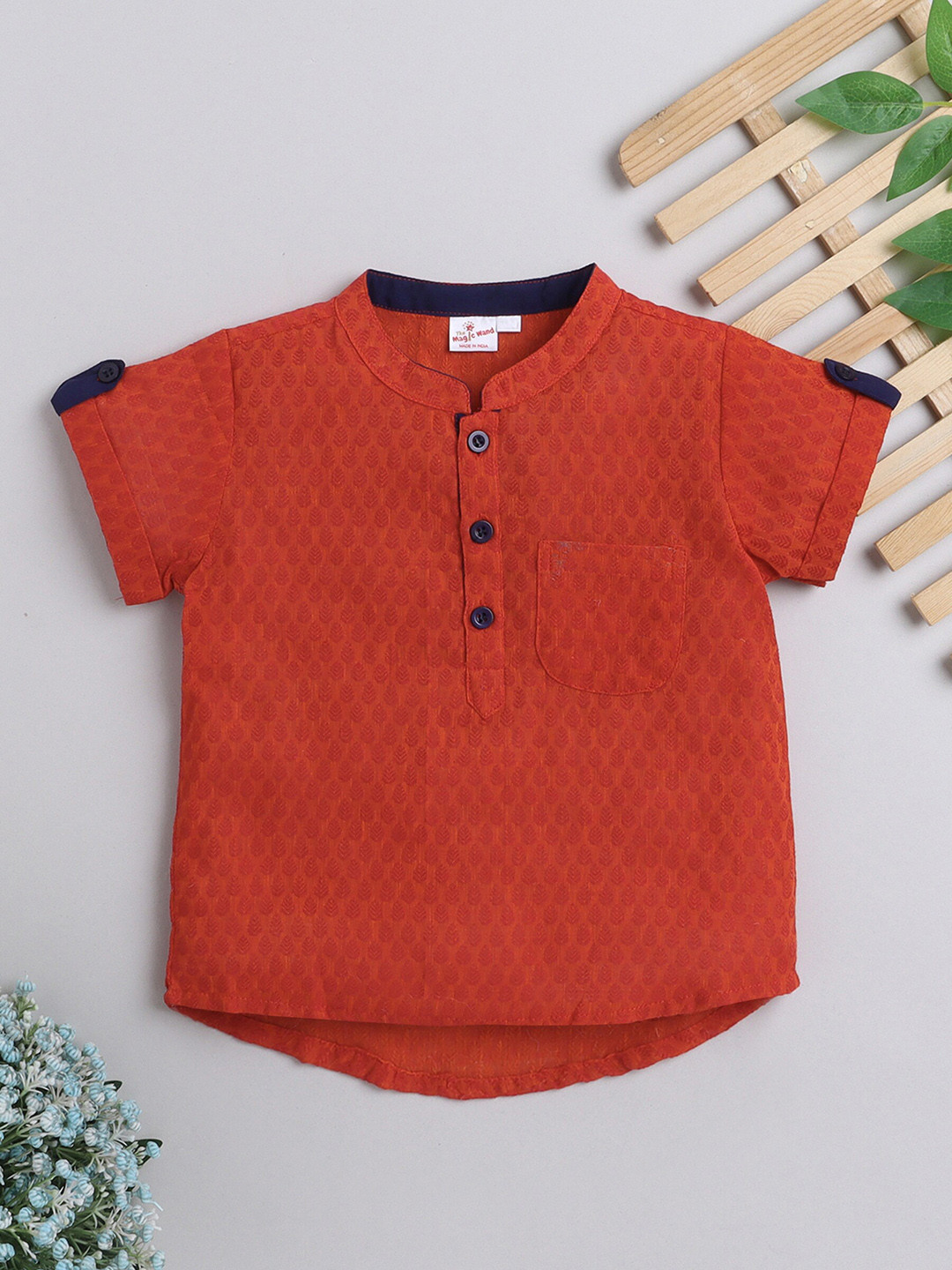 

The Magic Wand Boys Woven Design Dobby Pure Cotton Kurta, Orange