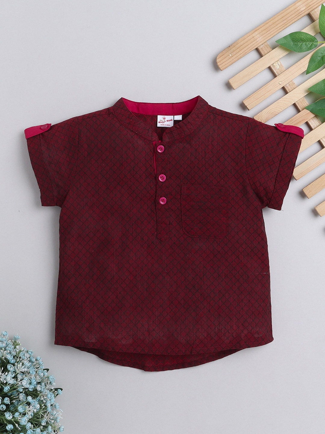 

The Magic Wand Boys Checked Roll-Up Sleeves Cotton Kurta, Maroon