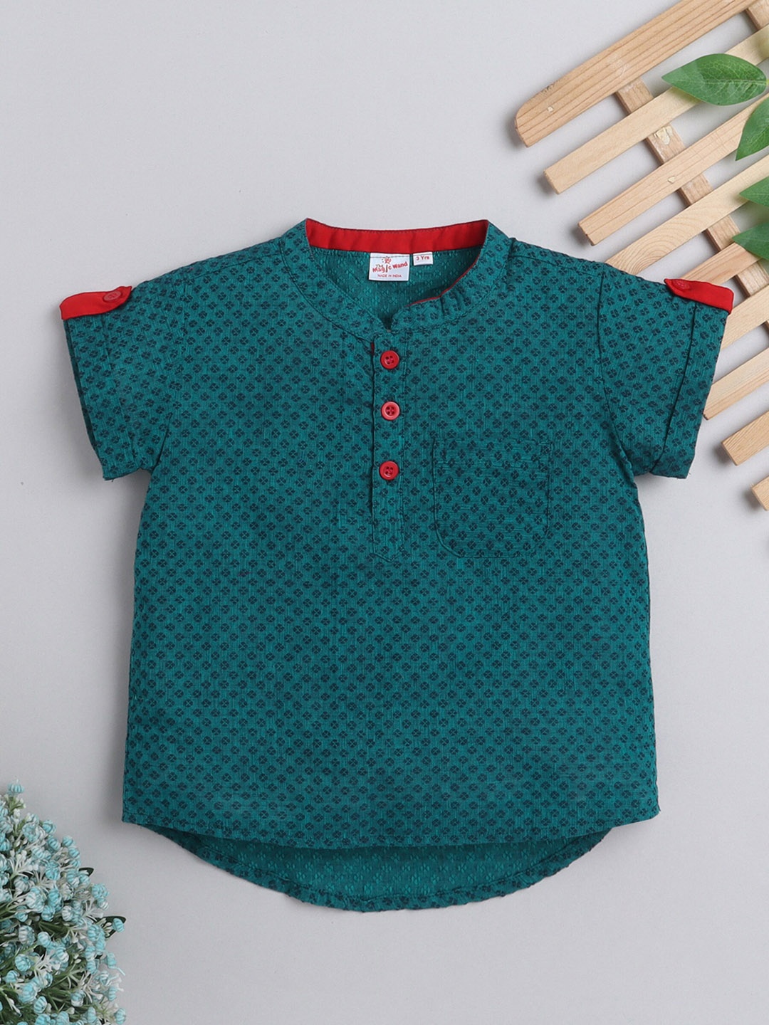 

The Magic Wand Boys Ethnic Motifs Printed Dobby Cotton Kurta, Teal