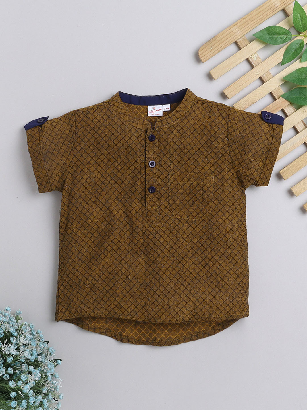 

The Magic Wand Boys Woven Design Mandarin Collar Dobby Pure Cotton Kurta, Yellow