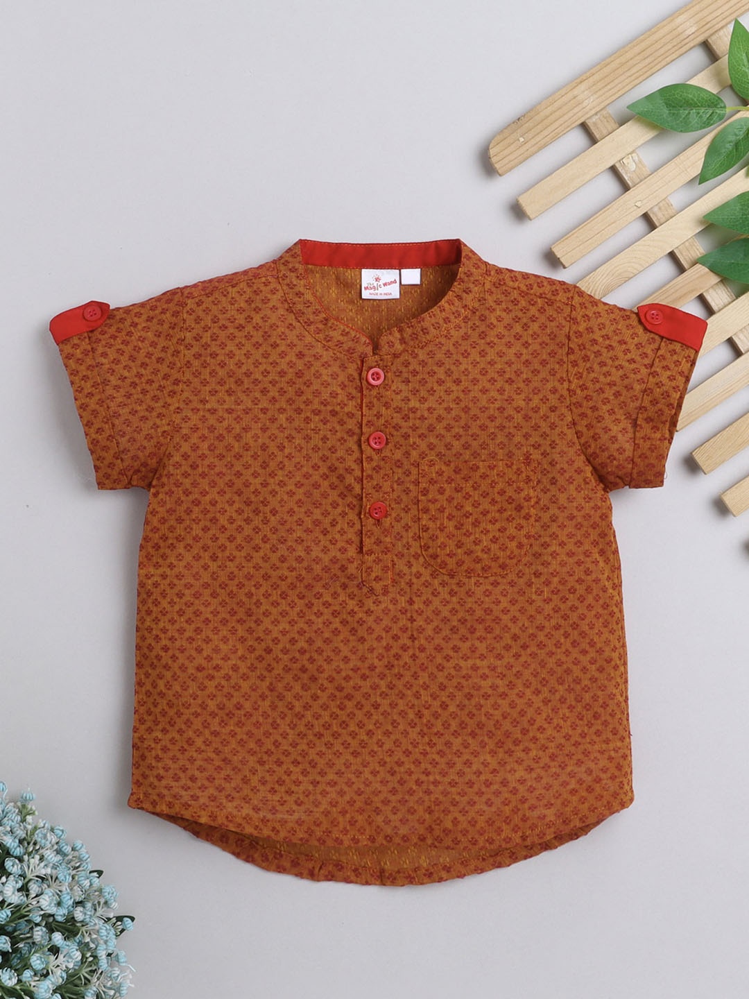 

The Magic Wand Boys Ethnic Motif Woven Design Dobby Kurta, Rust