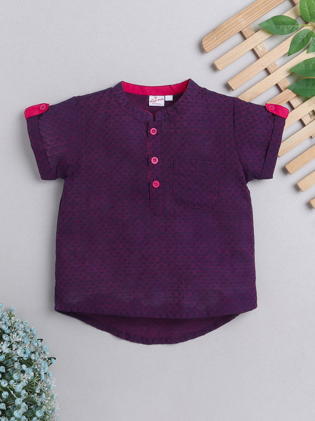 

The Magic Wand Boys Woven Design Roll-Up Sleeves Cotton Kurta, Purple