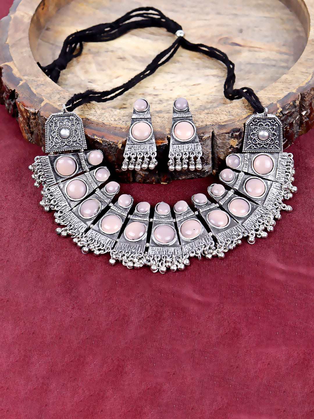 

VAGHBHATT Silver-Plated Oxidised Stone Studded Choker Necklace and Earrings, Pink