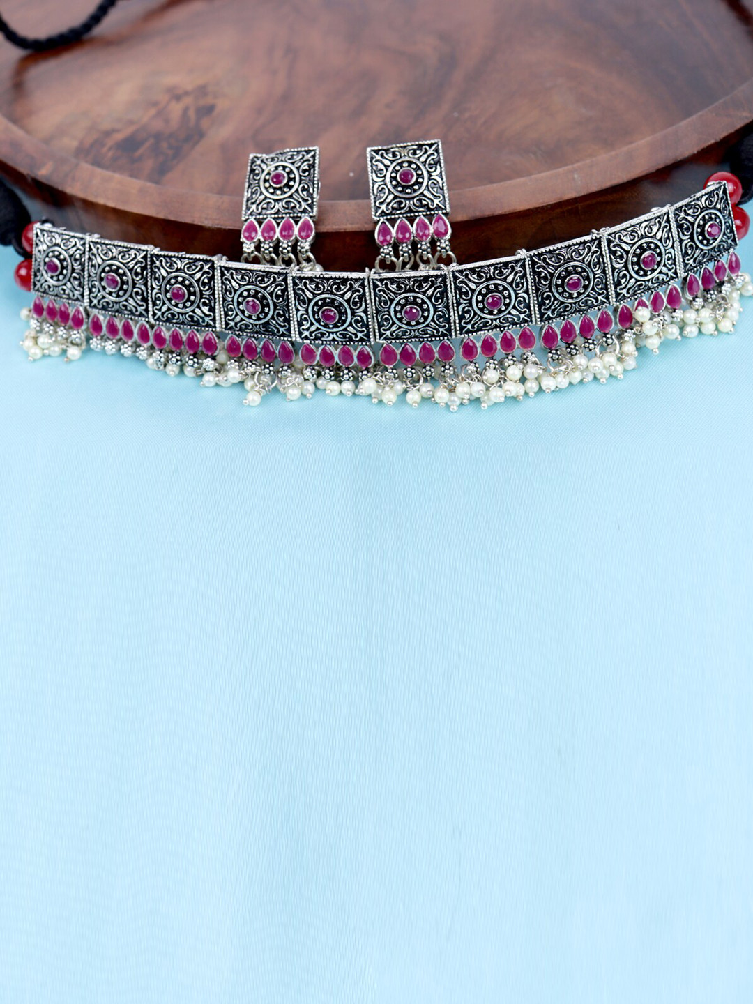

VAGHBHATT Silver-Plated Oxidised Stone Studded & Beaded Choker Jewellery Set, Pink